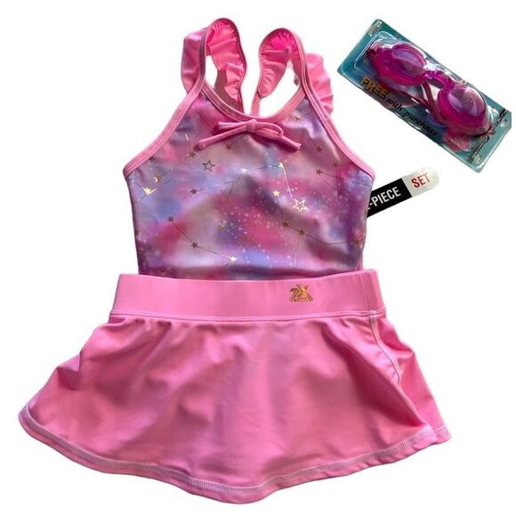 ZEROEXPOSUR Girls Size 4 Shooting Star 1-Piece, Cover-Up Skirt & Goggles Swimsui - Picture 1 of 8
